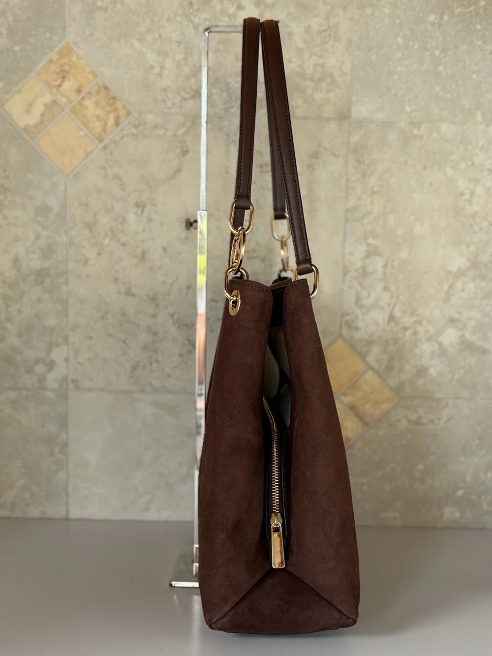 Michael Kors Christina LG MK Logo Chain Shoulder Tote Bag Dark Brown